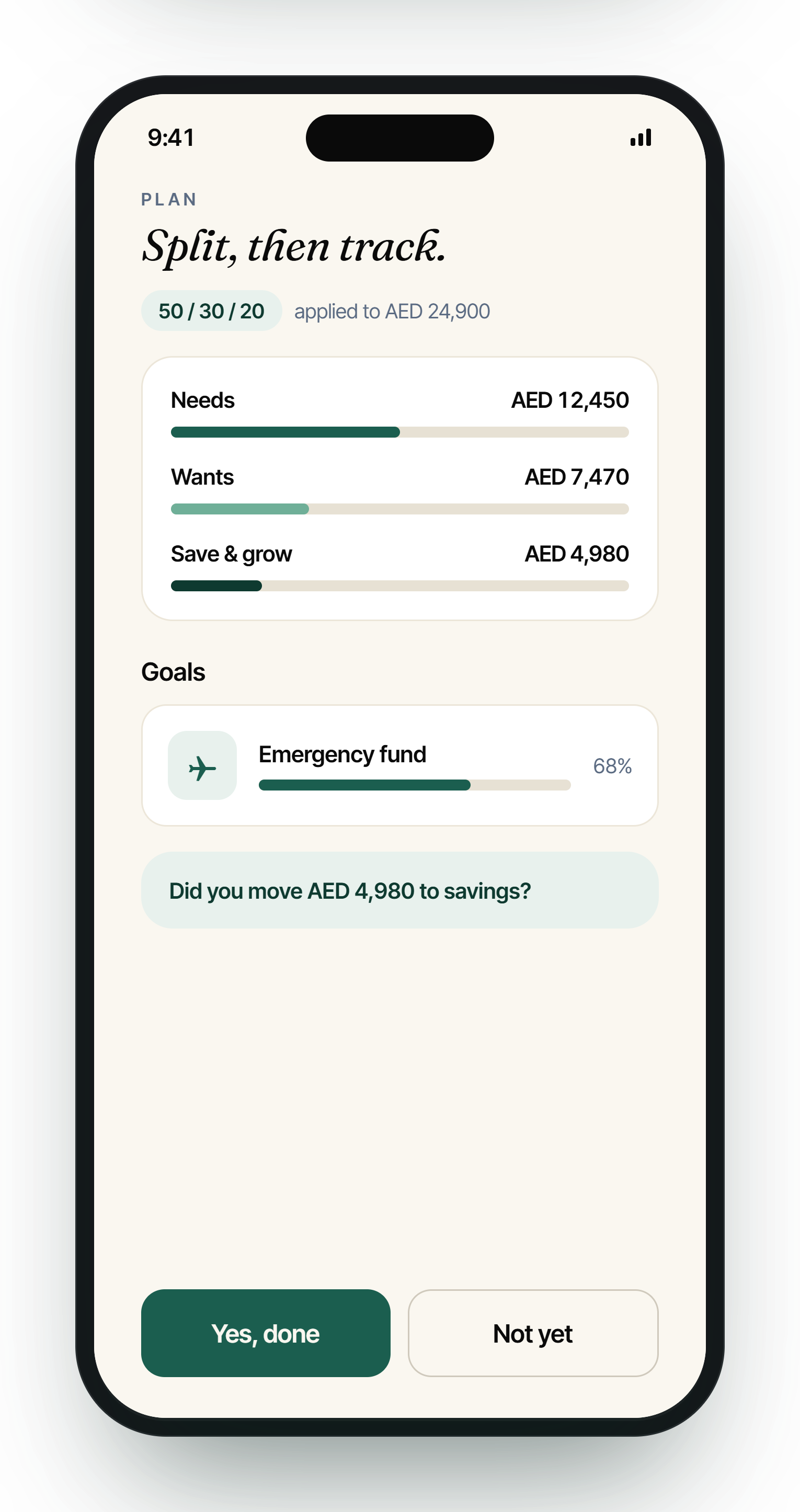Plan screen showing cash allocation
