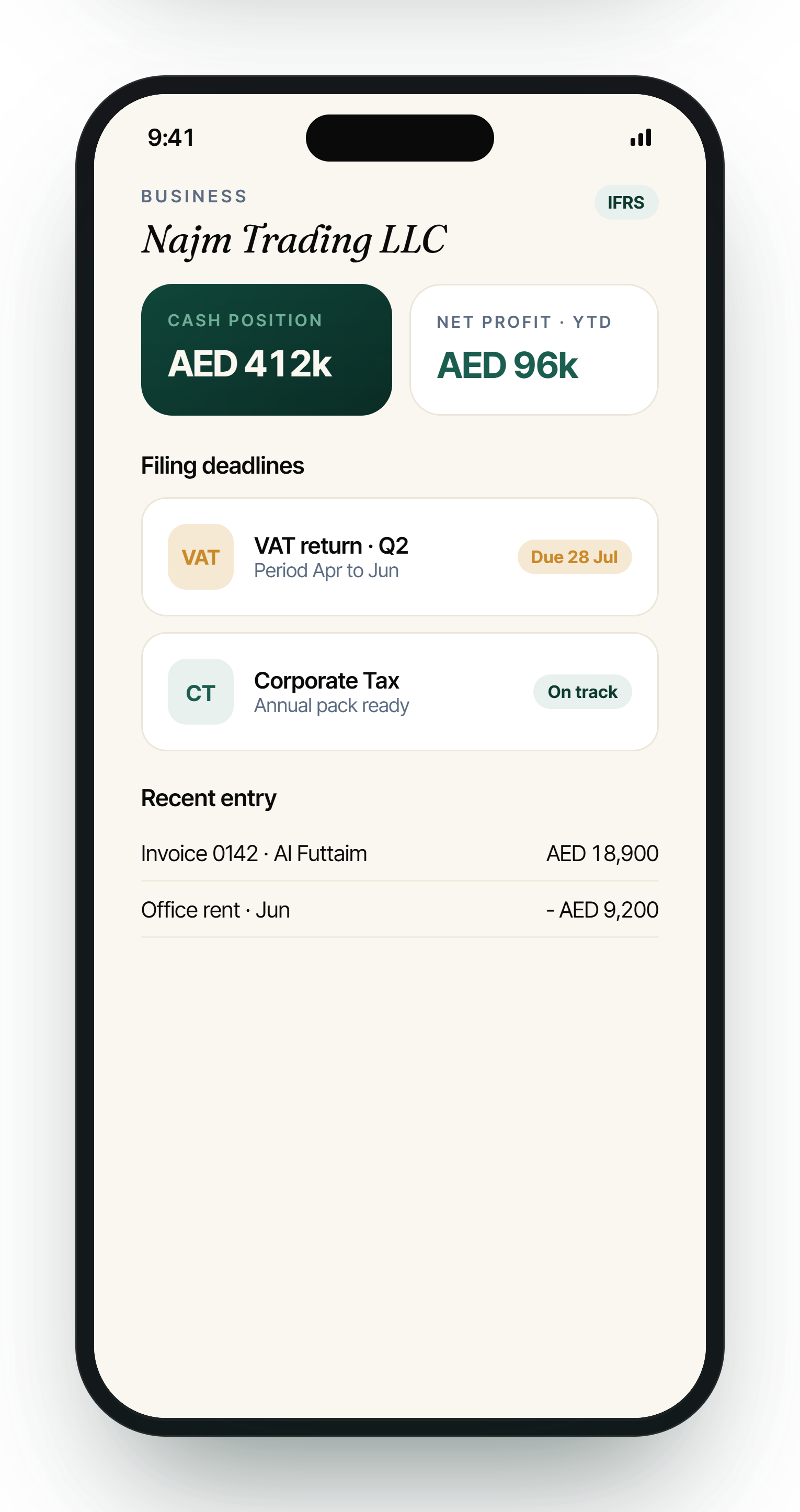 Mizada SME dashboard showing cash, profit and filing deadlines