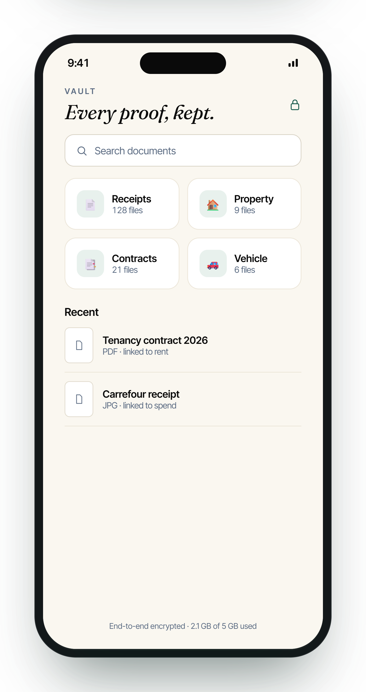 Vault document storage screen